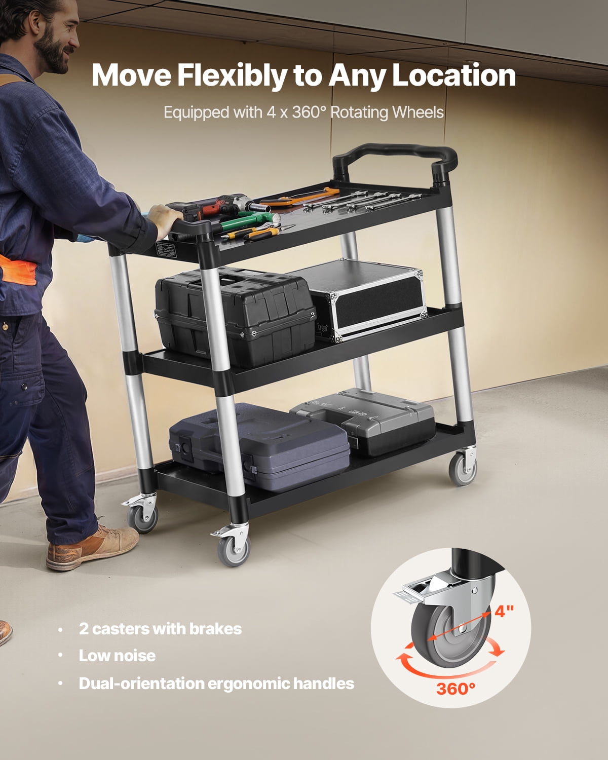 VEVOR Utility Cart, 330 lbs Load Capacity, 3-tier Utility Plastic Cart with 360° Swivel Wheels (2 with Brakes), 31.1 x 19.3-inch Food Service Cart for Warehouse, Office, Home, Restaurant, Kitchen