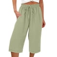 thumbnail image 5 of Zynoxe Womens Capri Pants Summer Solid Color Elastic Waist Drawstring Peasant Gauze Cropped Pants with Pockets Cotton Linen Straight Lounge Pants Green M, 5 of 5
