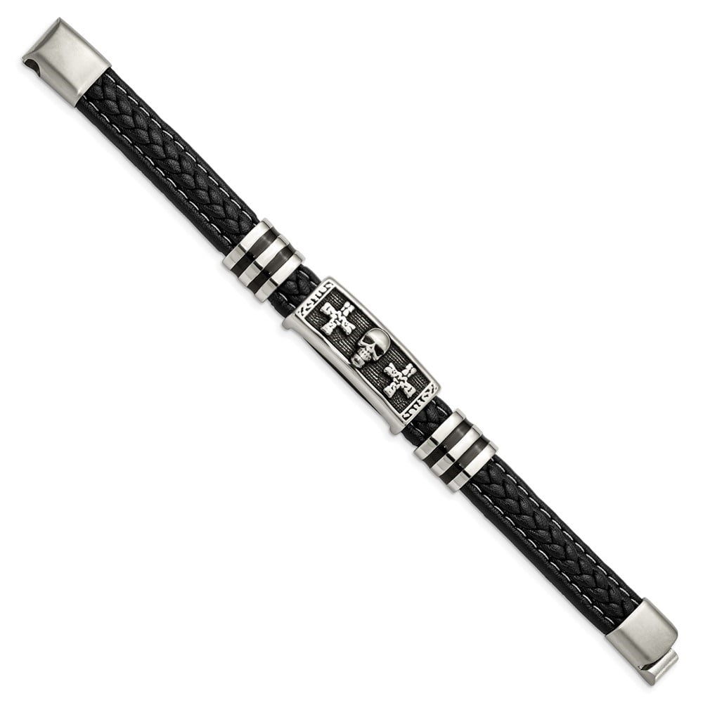 Diamond2Deal Stainless Steel Enameled Skull with Crosses Black Braided Faux Leather Bracelet for Men 8.5"