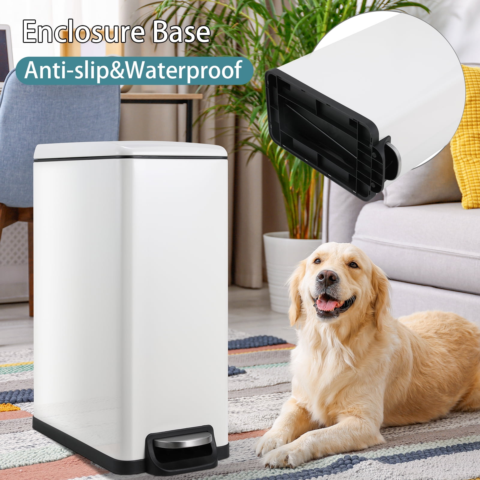 Pirecart 13.2 Gallon Slim Stainless Steel Step on Kitchen Trash Can with Inner Bucket, White