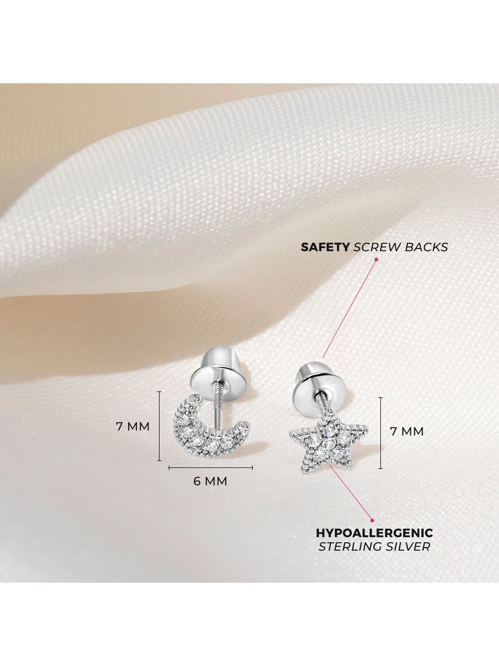 925 Sterling Silver Clear CZ Moon & Star Screw Back Earrings For Girls and Teens