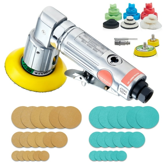 KFFKFF 1/2/3 Inch Air-Powered Random Orbital Sander, Swift 15000RPM Compact Pneumatic Sander for Automotive Tasks, 58PCS Kit with Sandpapers, Wool Pad, Undulating Sponges