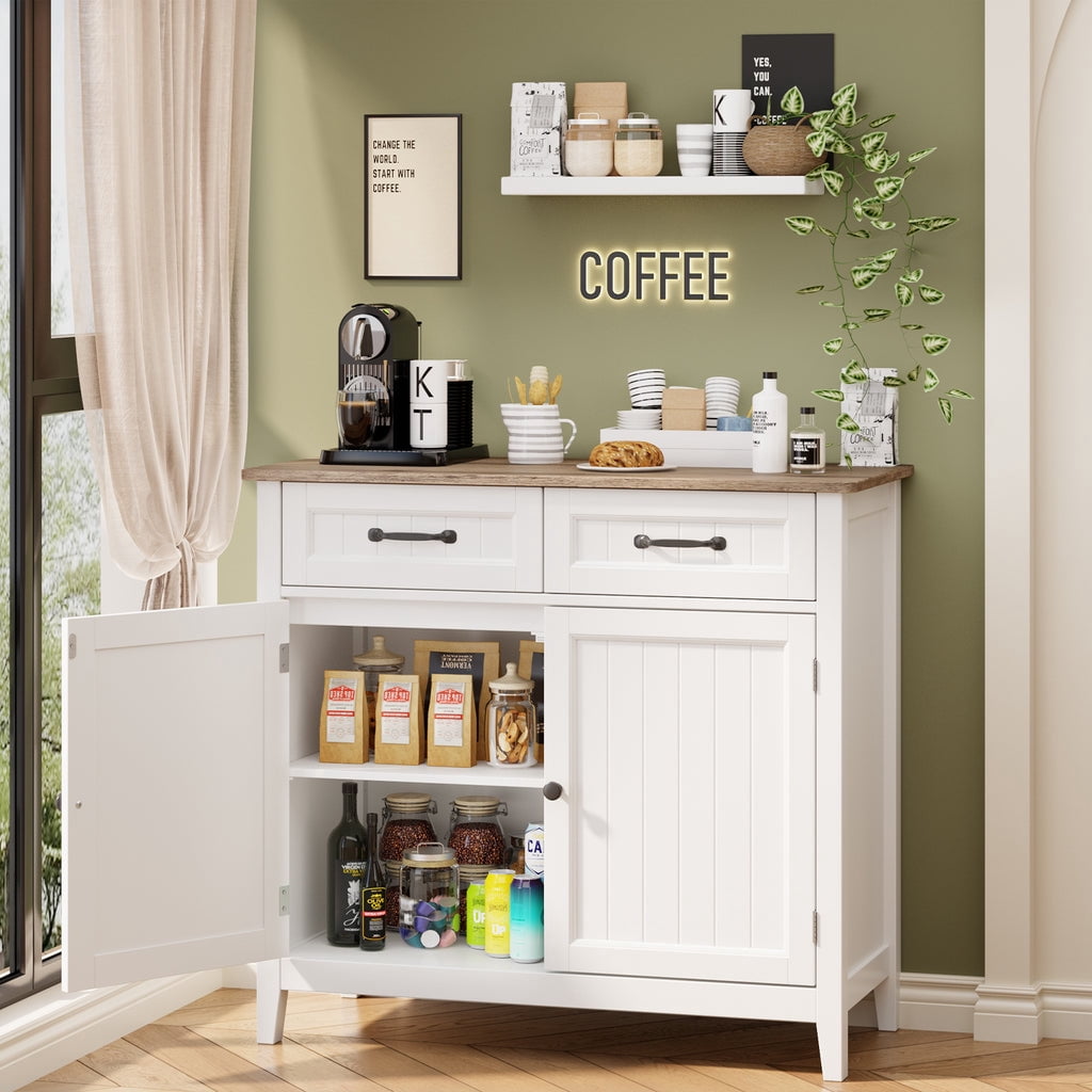 Coffee Bar Cabinet, Aiho 35" Farmhouse Kitchen Pantry Storage Cabinet, 2 Drawers, Adjustable Shelf - White+Gray