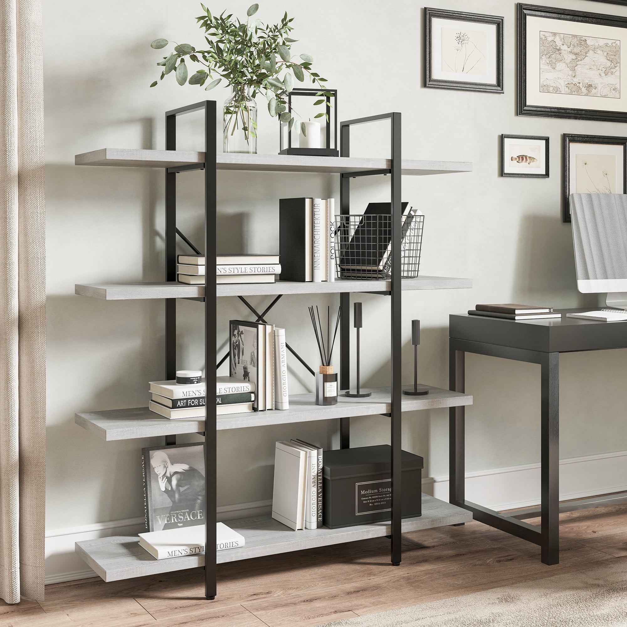 BELLEZE 4 Tier Modern Rustic Industrial Bookshelf - Hazel (Stone Grey)