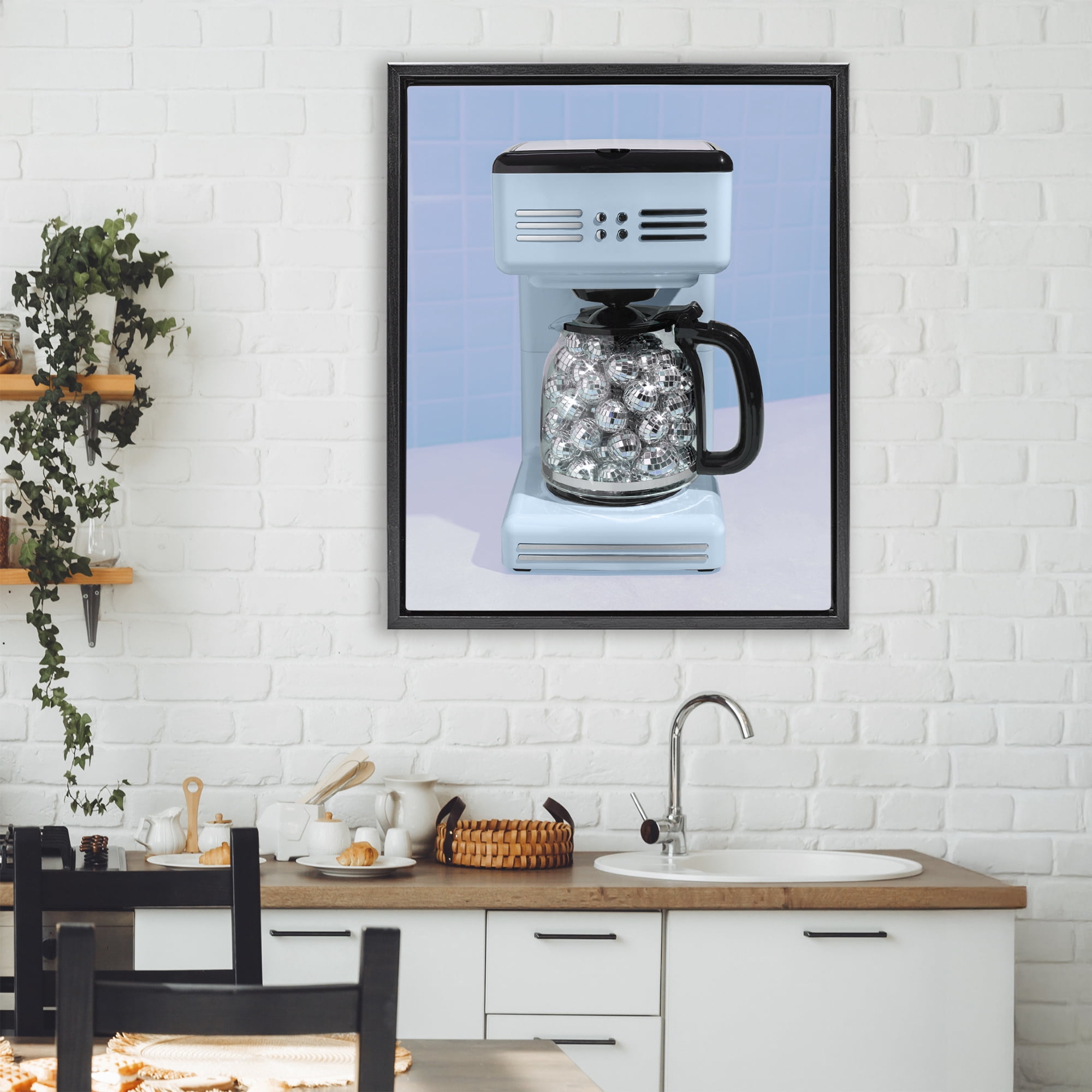 Stupell Industries Disco Coffee Maker over Blue Black Framed Floater Canvas Wall Art, design by LISH Creative
