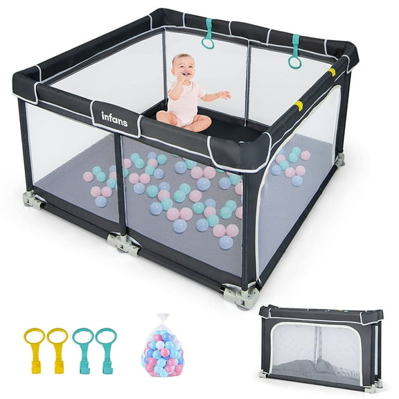 OLAKIDS Parc pour Bébé, Parc Pliable Grand 50 Pieds'x50 Pieds' pour Tout-Petits avec Porte, Maille Douce et Visible, Centre d'Activités pour Enfants Intérieur Extérieur Clôture pour Bébé avec 4 Poignées 50 Balles d'Océan (Noir)