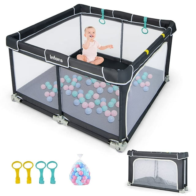 OLAKIDS Baby Playpen, 50’’x50’’ Foldable Large Baby Playard for Toddlers with Gate, Soft Visible Mesh, Indoor Outdoor Kids Activity Center Baby Fence with 4 Handlers 50 Ocean Balls (Black)
