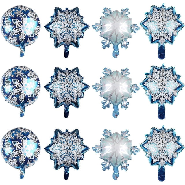 12Pcs Snowflake Balloons Set for Winter Wonderland Decorations Blue White Snowflake Frozen Foil Balloons for New Year Birthday Theme Party Supplies