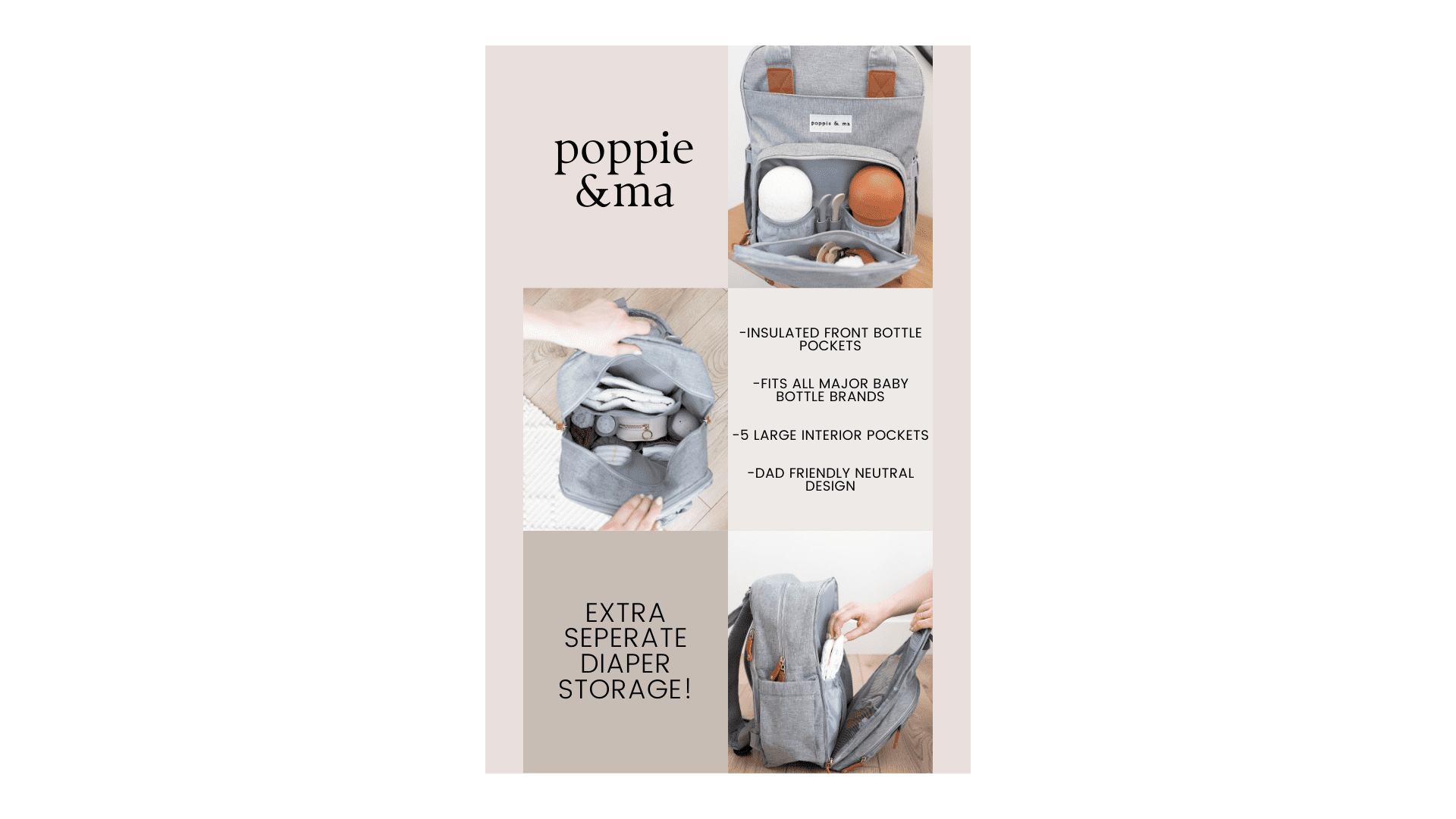 Poppie & Ma Diaper Bag Backpack | Water Resistant and Durable | Multifunction Travel Backpack for Mom and Dad | Gray