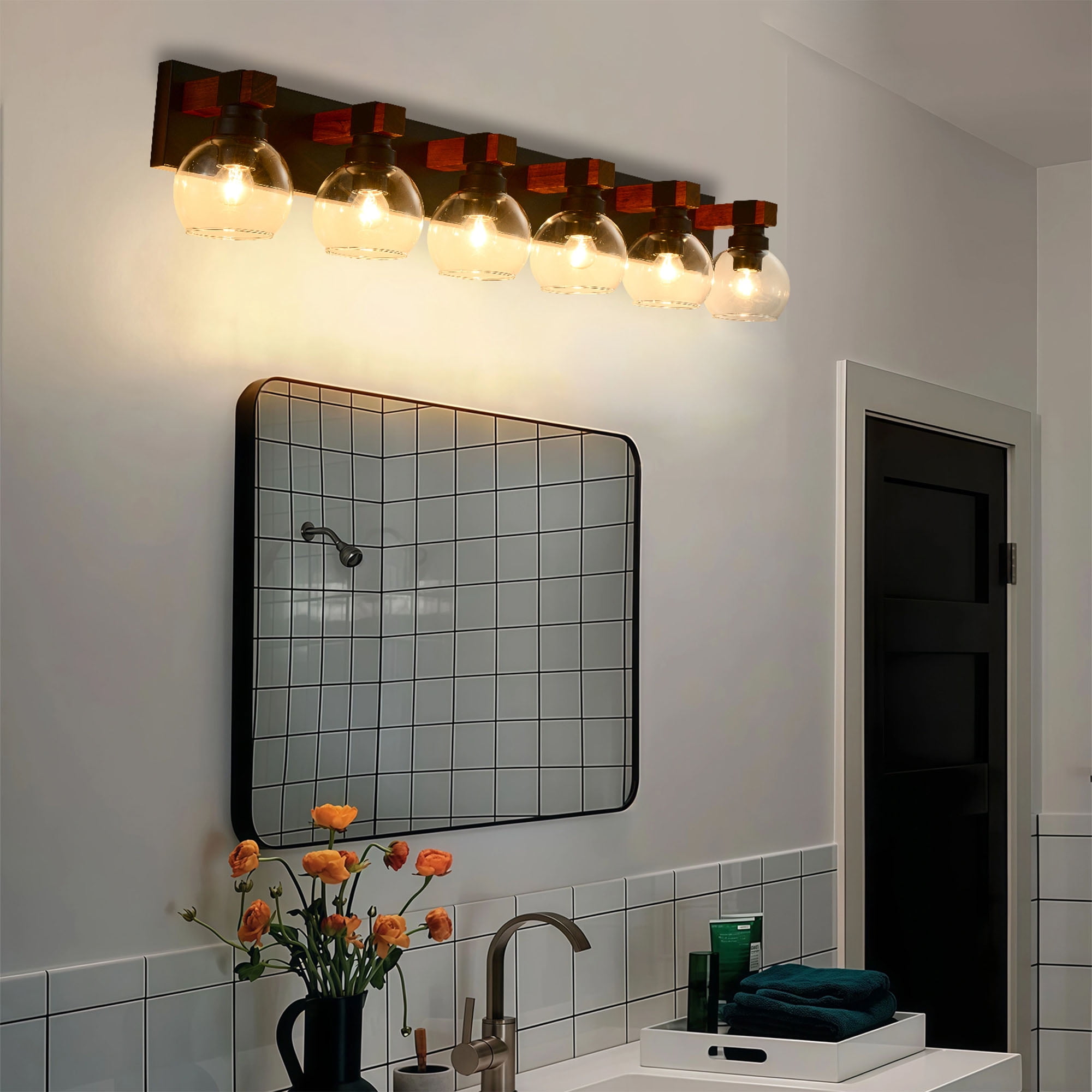 6 Light Bathroom Vanity Light Fixture,Black and Gold Bathroom Finish Over Mirror,Farmhouse Wall Sconces with Clear Glass Shade for Living Room Bedroom