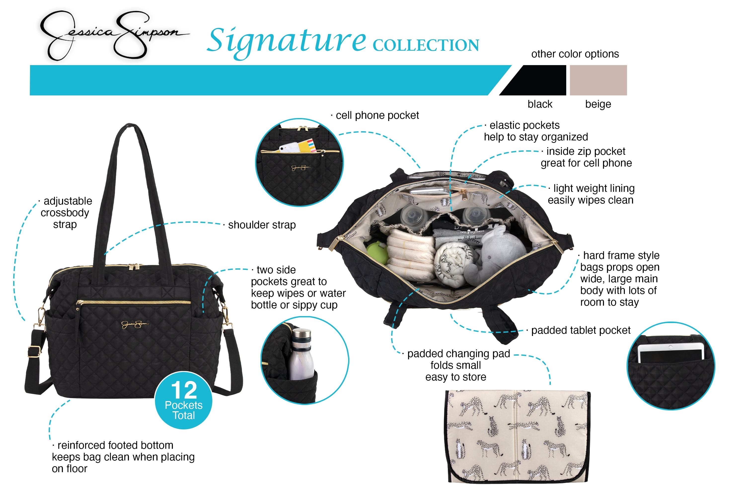 Jessica Simpson Large Black Diamond Stylish Quilted Multi-Pocket Dual Zipper Closure Fashion Diaper Bag Travel Tote Satchel with Luggage Strap, Running Cheetah Print Interior & Changing Pad
