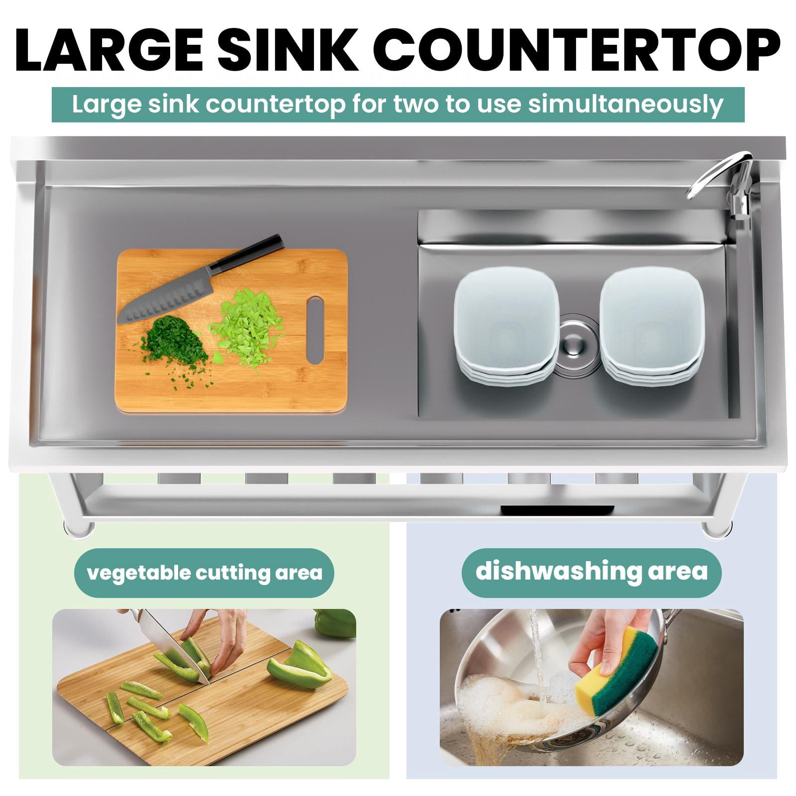 304 Stainless Steel Commercial Sink with Drainboard, 47.3" Freestanding Utility Sink with 360° Swivel Faucet, Heavy-Duty Workstation Sink for Restaurant, Garage, Laundry, Kitchen