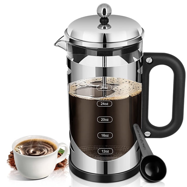 YMMIND Cafetera de prensa francesa de 34 onzas Prensa de café de acero inoxidable cromado, con sistema de filtro de 4 niveles, vidrio de borosilicato de espesor resistente al calor, cafetera sin BPA p