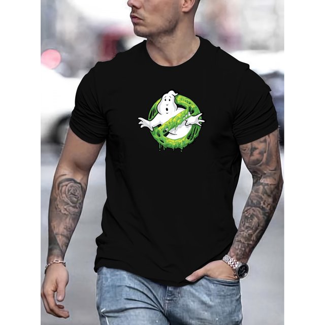 Men's Ghostbusters Logo Graphic T-Shirt - Casual Crew Neck Cotton Blend Tee with Slight Stretch, Solid Color Summer Knit Fabric Top, Casual Sporty Tee, Summer Gifts