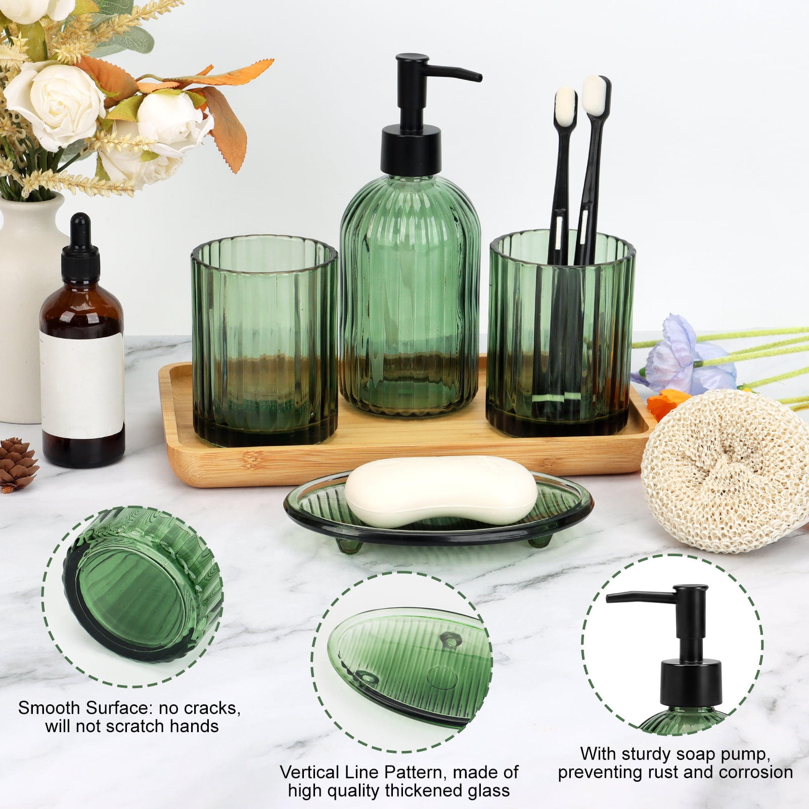Bathroom Accessories Set, 4Pcs Bathroom Glass Soap Dispenser Set ,with Soap Dispenser , Soap Dish, Tumbler,Green