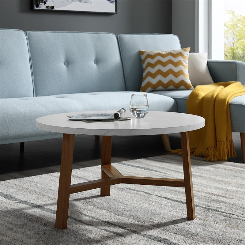 Buy 30 inch Round Coffee Table in White Faux Marble and Acorn Online at