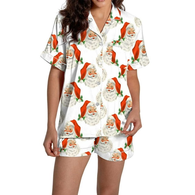 Pyjamas pour Femmes Imprimé Graphique Satin de Soie Mignon Vêtements de Nuit Boutons Manches Courtes Hauts Ensembles Shorts