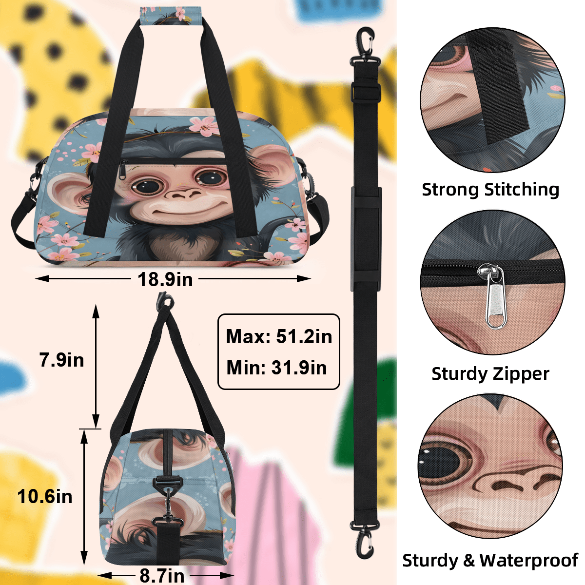 Herdesigns Monkey Sports Duffle Bag for Women & Men, Animals Gym Bag Dance Bag Overnight Bag Carry On Weekender Travel Bag