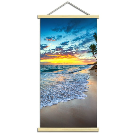 Scroll Hanging Poster Beach Wall Art Picture for Living Room - Canvas Wall Decor Ocean Sunset - Blue Sea and and Sunset Landscape for Bedroom Office Home Decoration