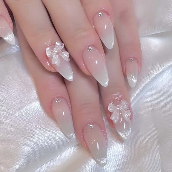 Medium Press On Almond Ombre False Nails with 3D Bows - Glue On, Glossy Full Cover Stick On Artificial Nails for Women - 24Pcs, Gifts Stocking Stuffers for Women