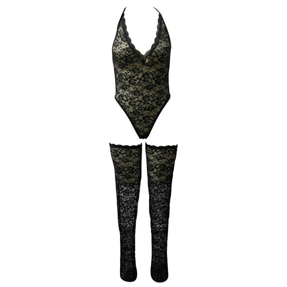 Luxalzxs Black Lingerie for Women Plus Size Sexy Deep-V Neck Teddy Lingerie See Through Rose Lace Bodysuit Nightgown with Stocking