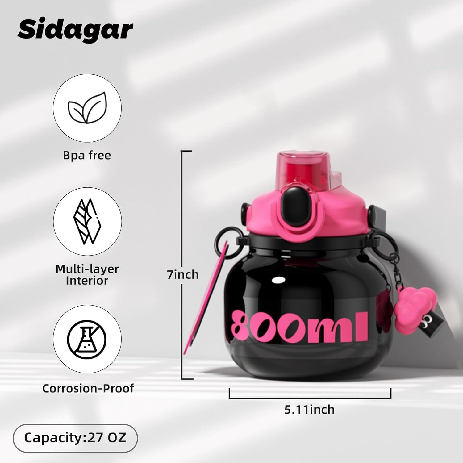 Sidagar 27 oz Stainless Steel Vacuum Insulated Water Bottle with Straw and Carry Handle, Black