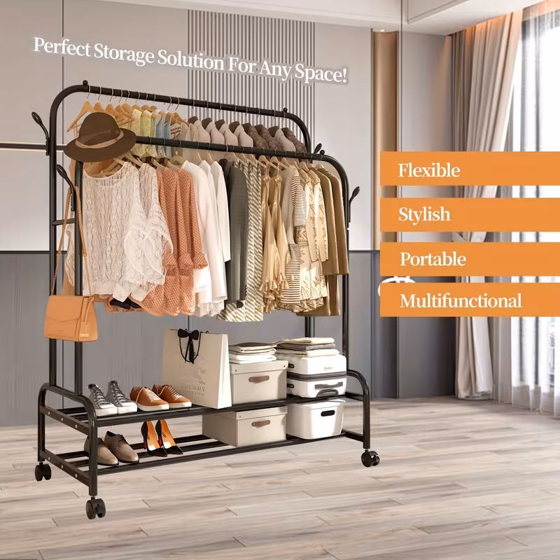 Black Heavy Duty Metal Double Rod Clothes Rack with Wheels, Shelves & Hooks, Rolling Garment Rack for Bedroom Closet