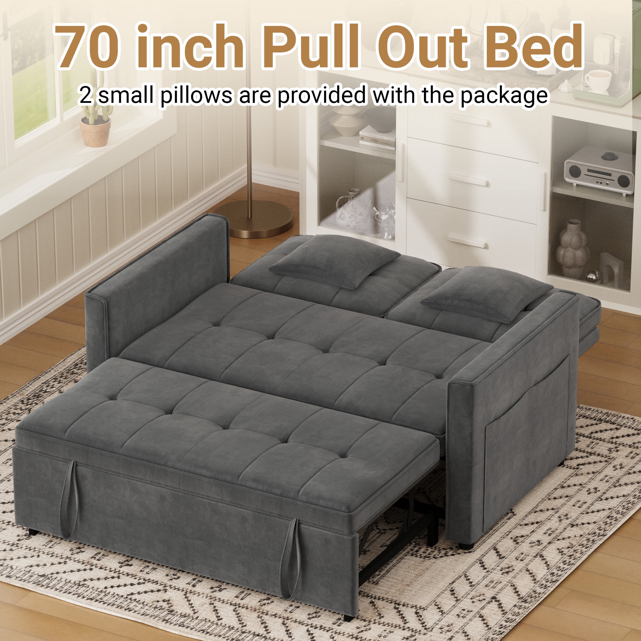 Convertible Sofa Bed,3-in-1 Sleeper Sofa with Pull Out Bed,Velvet Couch with Adjsutable Backrest and 2 Pillows for Living Room,Gray