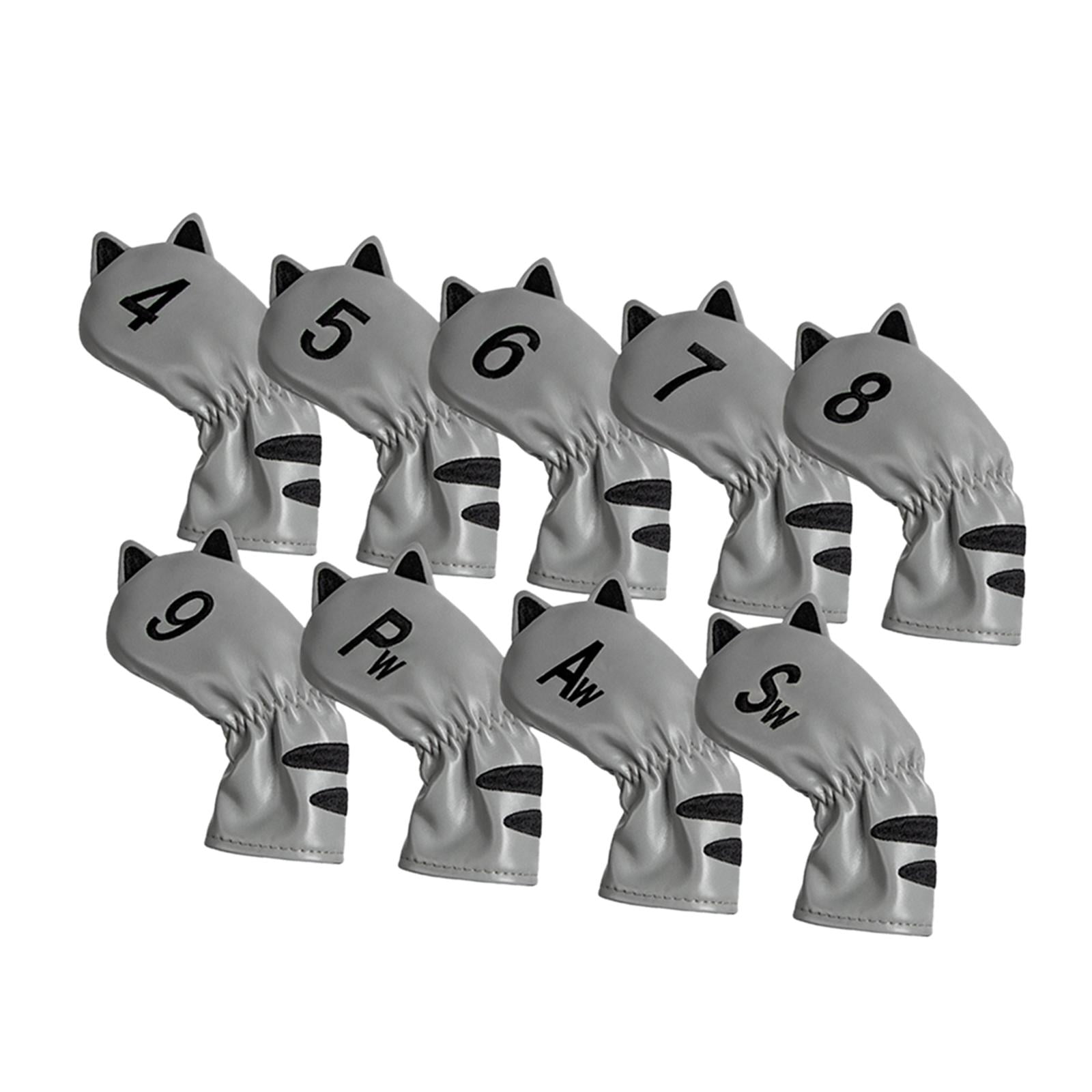 DimyFew Golf Club Head Covers Mallet Putter Cat Pattern Accessories Putter Cue Headcover 9pcs Iron Cue Grey