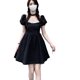 thumbnail image 3 of Mini vestido fruncido de manga corta abombada, vestido de línea A sin espalda, vestido con lazo en la espalda de poliéster, vestido de una pieza para fiesta y viaje, 3 of 8