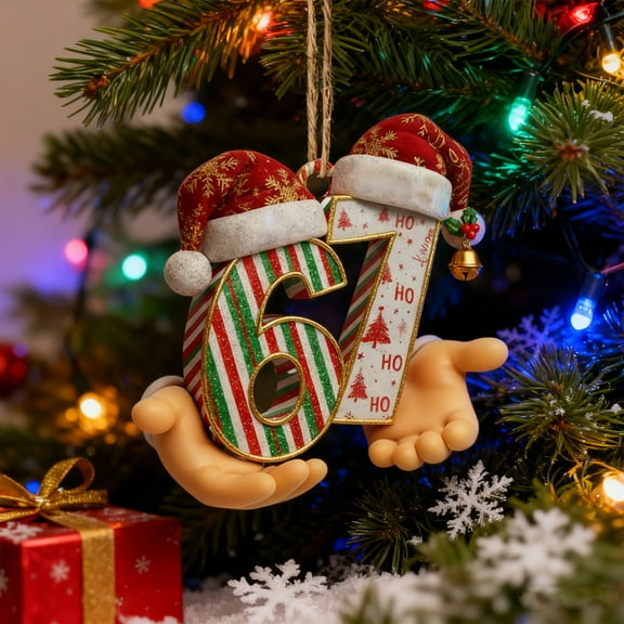 Six Seven Christmas Ornament 6 and 7 Personalized Family Ornament Red and White Striped Christmas Tree Decorations for Holiday Party, Family, Friend, Young