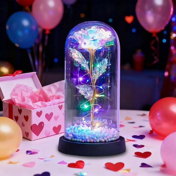 Preserved Rose in Glass Dome Light up Rose Galaxy Roses with Colored Foam Ball Filler Forever Eternal Flowers Anniversary Presents for Valentine's Day and Mother's Day