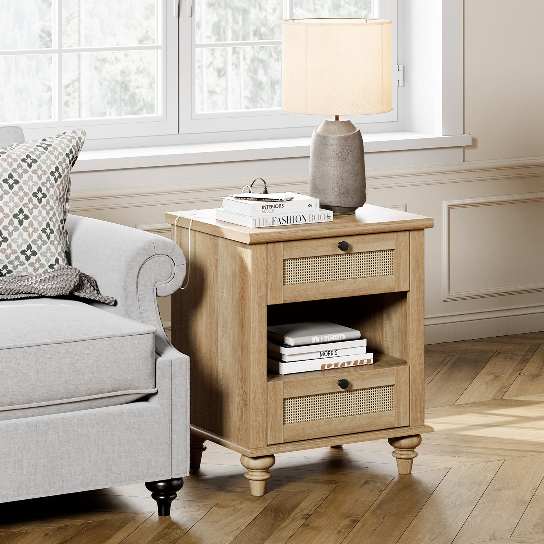 Rattan End Table with Charging Station for Living Room Bedroom, Wood Side Table Nightstand for Kids room, Light Oak