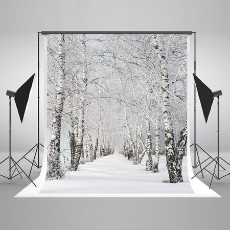 Polly Station 3 MOHome Polyster 5x7ft Autumn White Tree Snow Forest Road Way Children Paly with Father Mother Living Room Wall Curtain Backdrop Studio Prop Photography Background ()
