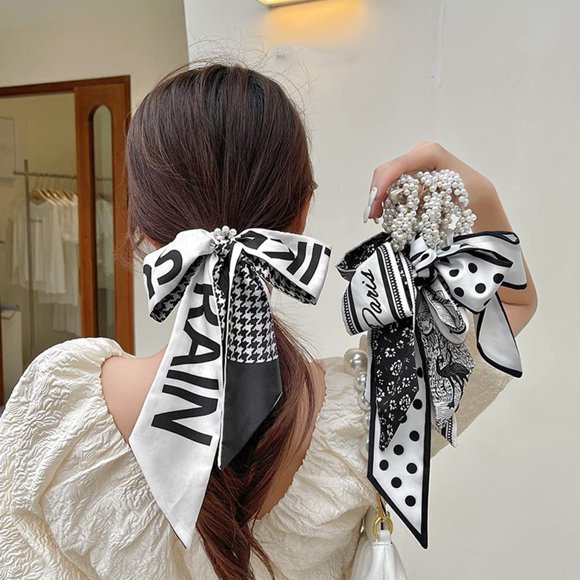 HUGFEGWE 1 Pack Foulard de Cheveux Amovible avec Ruban Perlé, Bande Élastique, Bandeau Boho Porte-Queue de Cheval Accessoires pour Femmes et Filles U2537-29218