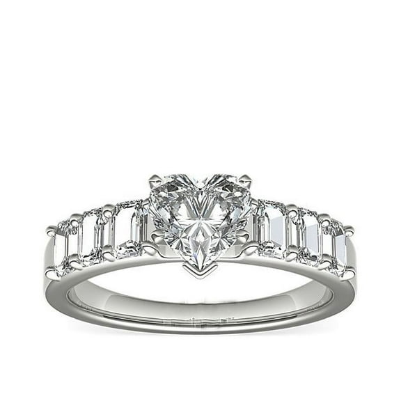 1.10 Ct Stunning Heart Shaped Natural Diamond Solitaire with Emerald Accents Ring for Engagement Solid 14K White Gold Size 7