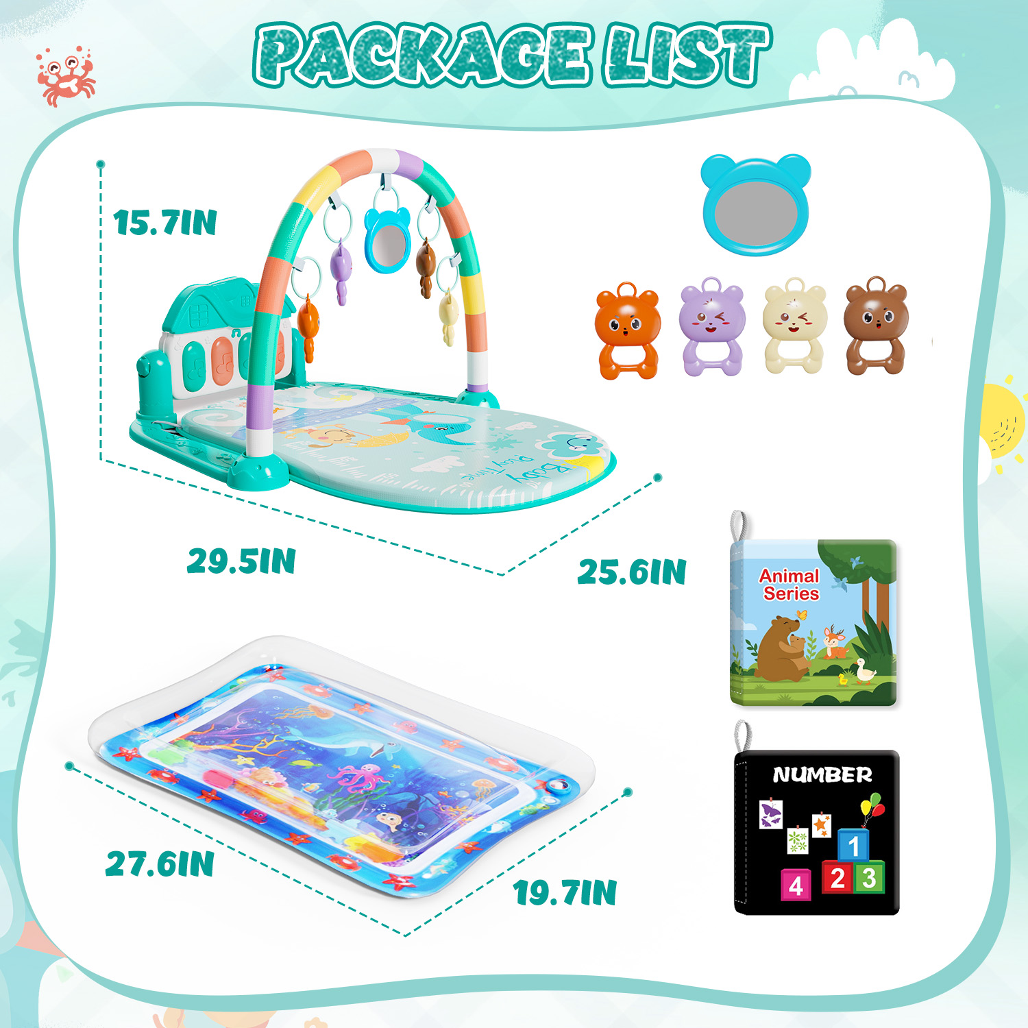 WonderStone 2 in 1 Baby Gym Playmat, Tummy Time Water Mat with 2 Cloth Books/ 5 Infant Sensory Baby Toys & Play Piano, Boys and Girls Newborn Baby Gift 0-12 Month (Green)