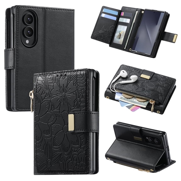 Dteck Samsung Galaxy Z Fold 8 Wallet Case, Premium PU Leather PC Folio Cover with Card Holder Zipper Pocket Magnetic Closure Floral Pattern Kickstand Shockproof Case,Black