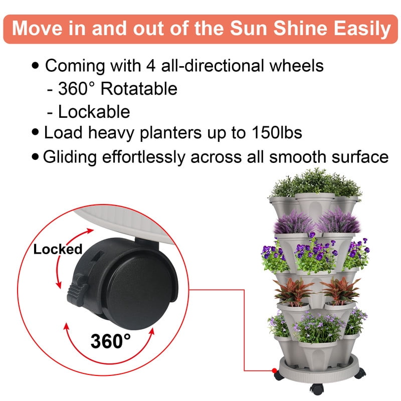 DUNCHATY 5 Tier Stackable Growing System for Strawberries and Herbs, High-Capacity Vertical Planter Tower, Outdoor Raised Garden Bed Alternative with Drainage Holes (Agreeable Gray)