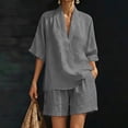thumbnail image 2 of Bovxnpu Women 2 Piece Loungewear Set Beach Vacation Sweatsuit Tracksuit Set Women's Short Sleeve Shorts V Neck Cotton Linen Shirt Casual Wear Set Summer Outfits, 2 of 9