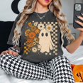 thumbnail image 4 of Floral Ghost Halloween T-Shirt, Retro Daisy Checker Graphic Tee, Comfort Colors Spooky Season Fall Apparel Gift for Women - Pepper, XL, 4 of 4