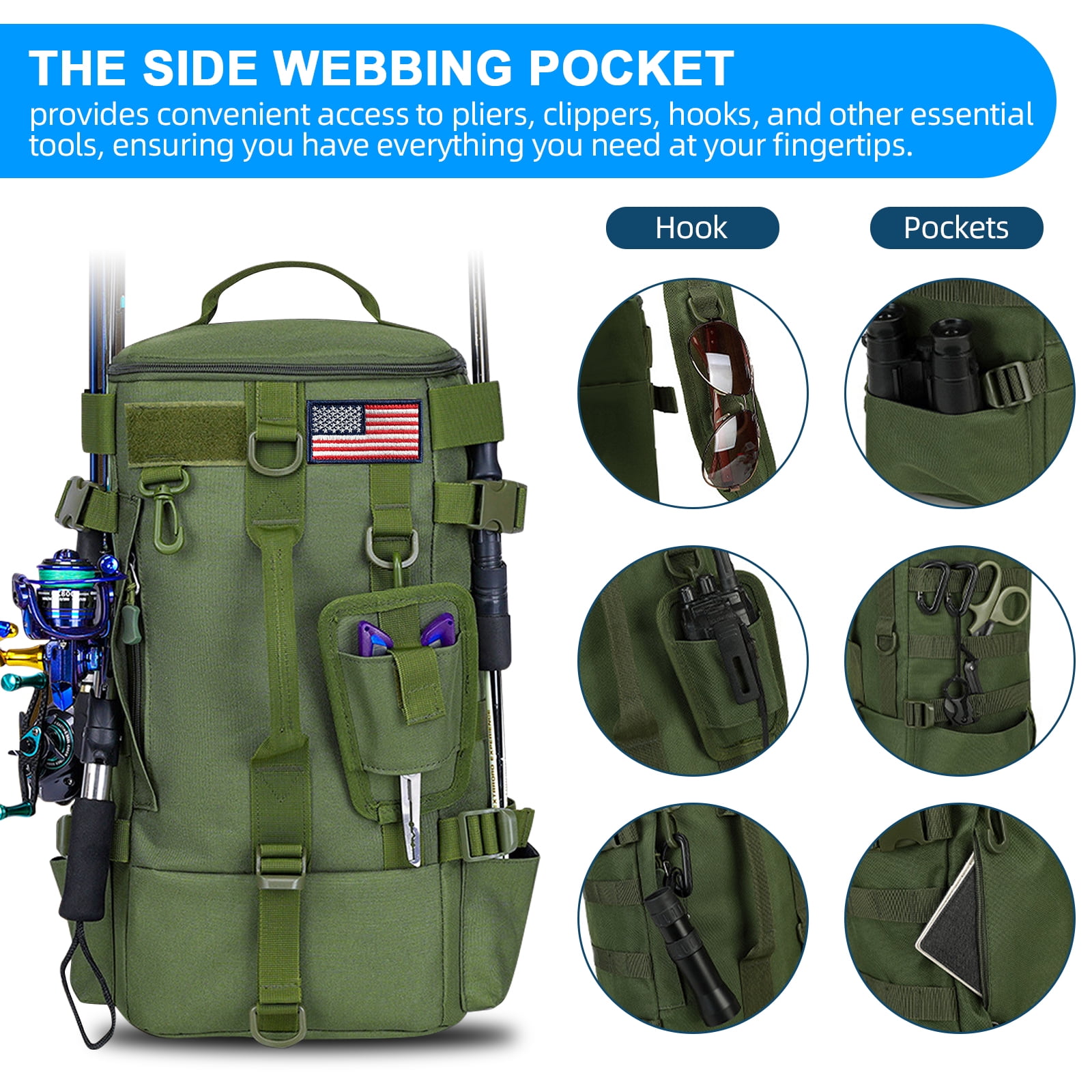 FANOTEK Fishing Backpack with Rod Holder, Waterproof Outdoor Tackle Box Bag, Fishing Gear and Equipment Storage Bag Green