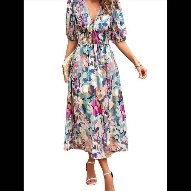 Vestidos de Verano para Mujer 2025, Informales, con Mangas Abullonadas, Cuello en V, Florales, Estilo Bohemio, Vestido . Verde M