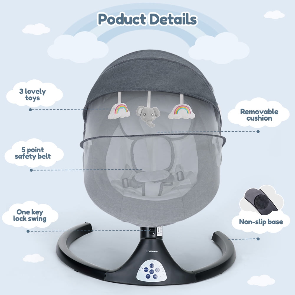 Baby Swing for Infants, Caveen Electric Bluetooth Baby Rocker, 5 Swing Speeds, 3 Seat Positions, Adapter & Battery Operated, Black