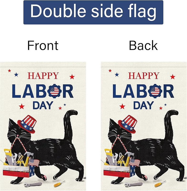 Happy Labor Day Garden Flag Double Sided Vertical, Burlap Small Black Cat Garden Yard House USA Flags Banner Outdoor Outside Labor Day Decoration (ONLY FLAG)