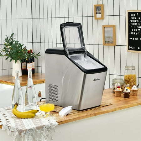 Costway - Nugget Ice Maker Machine Countertop Chewable Ice Maker 29lb/Day Self-Cleaning - Silver