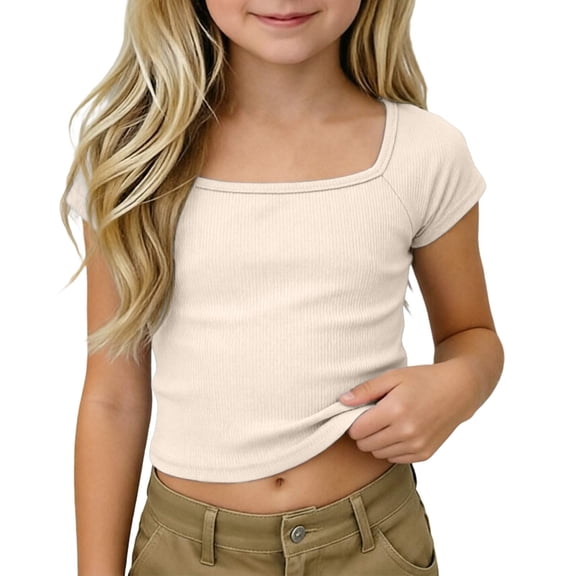 Landzoo Girls T Shirt Solid Color Short Sleeve Square Collar Shirt Summer Cozy Soft Toddler Kids Girls Tees Size 4-5 Years Beige