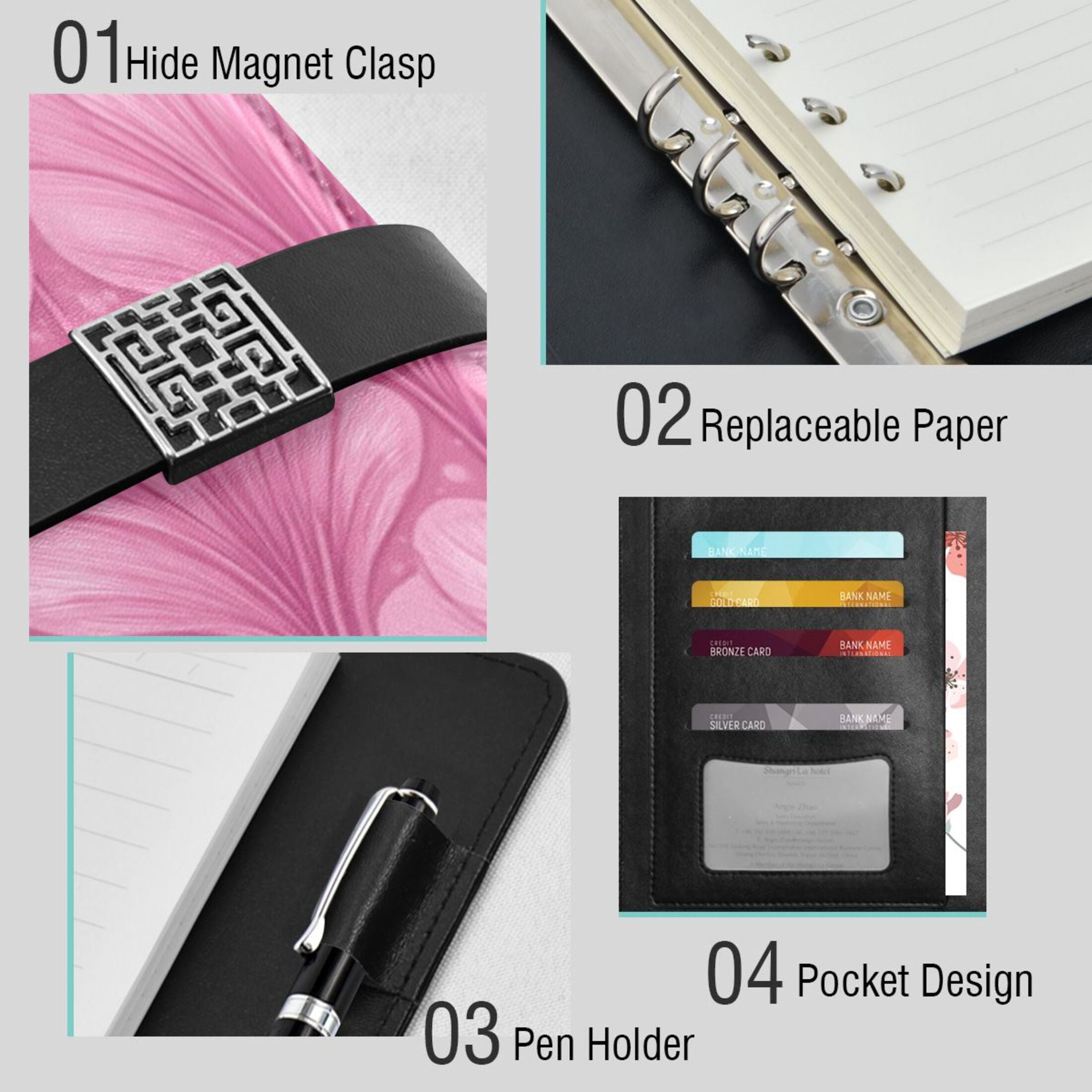 Leather Planner Leather Notebook Notebook Journal Binder Design Pen Pocket Design Convenient for Storage Beautiful Light Pink Pattern