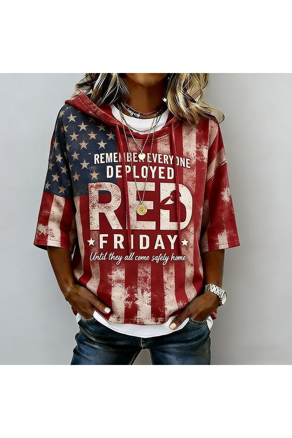 T Shirts for Women 3/4 Sleeve Pullover Hood Graphic Tee Red Friday USA Patriotic Fashion Top Red M