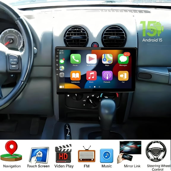 Corfhy Car Radio Android 15 for Jeep Liberty 2002-2007 10.1" Touchscreen Car Radio Fit for Carplay Android Auto in-Dash Head Unit WiFi GPS Mirror Link, 4 64G